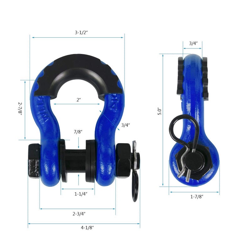 AMBULL Shackles 3/4 Inch D Ring Shackle (2 Pack) 45,000lb Break Strength with 7/8 Inch Pin, Isolator and Washer Kits for Use with Tow Strap, Winch, Off-Road Jeep Truck Vehicle Recovery, Blue - Image 3